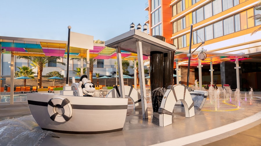 The Steamboat Willie splash pad at The Villas at Disneyland Hotel