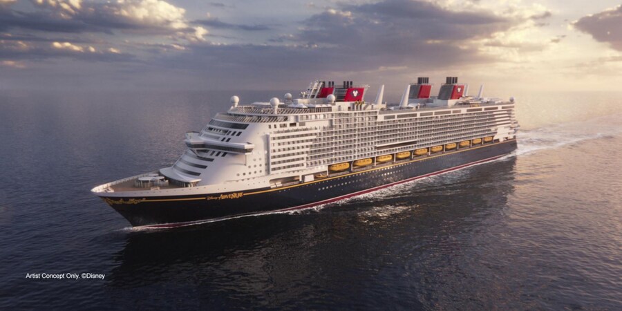 An artist rendering of the Disney Adventure sailing across the ocean