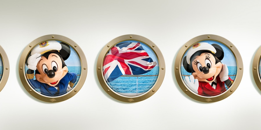 Three port holes featuring Captain Mickey Mouse, the flag of the United Kingdom Captain Minnie Mouse