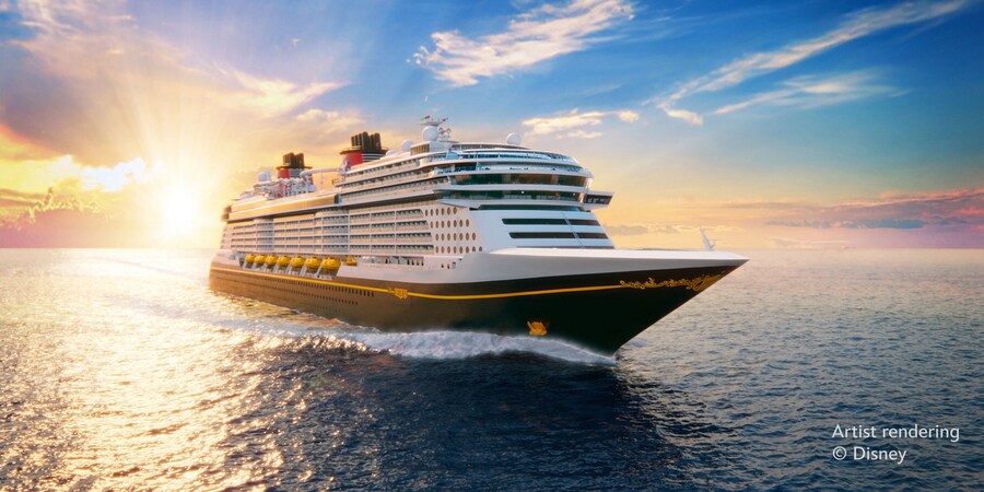 Artist conceptual rendering of the Disney Believe cruise ship sailing on the open ocean with a sunset in the distance