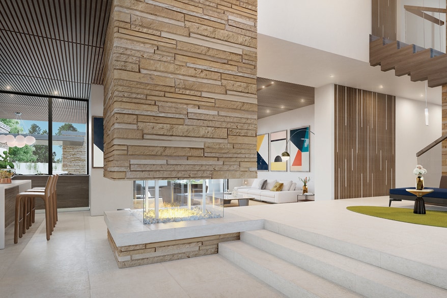 A mid-century-style retreat, Nyumbani is inspired by the famous homes of Frank Lloyd Wright, Paul Rudolph and Richard Neutra. The living area in Nyumbani, featuring a dramatic stone fireplace