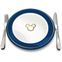Um ícone de um prato com o símbolo do Mickey, garfo e faca
