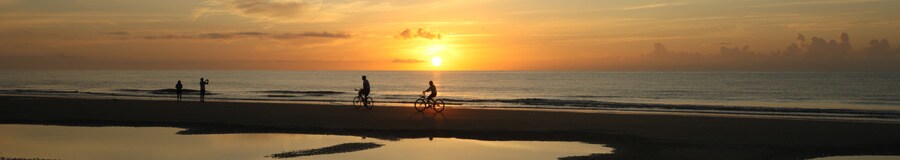 Sun sets over the ocean as 2 Guests ride bikes along a beach and 2 others play at water's edge