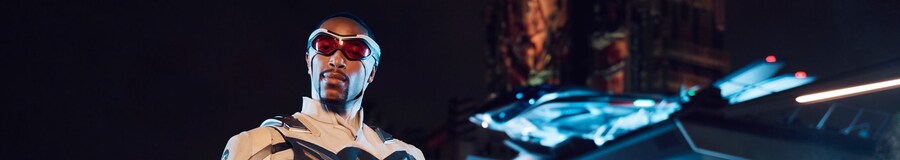 Captain America standing in front of Avengers Headquarters at Disney California Adventure Park