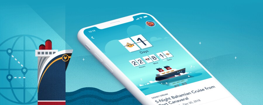 Una imagen de un crucero Disney y un teléfono inteligente que muestra la cuenta regresiva para la fecha de salida