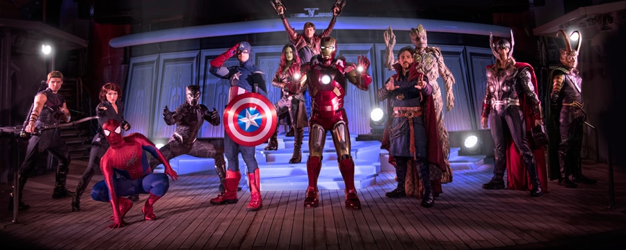 Hawkeye, Black Widow, Captain America, Iron Man, Star-Lord, Groot, Gamora, Thor, Doctor Strange, Black Panther and Spiderman