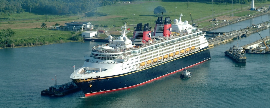 A Disney Cruise Line ship travels through the Panama Canal A Disney Cruise Line ship travels through the Panama Canal