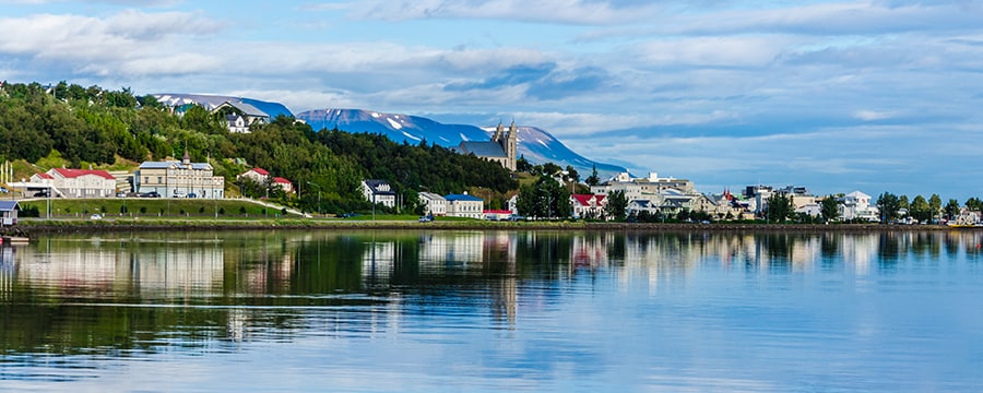 A town with buildings nestled among trees on the coast of an of an ocean inlet A town with buildings nestled among trees on the coast of an of an ocean inlet