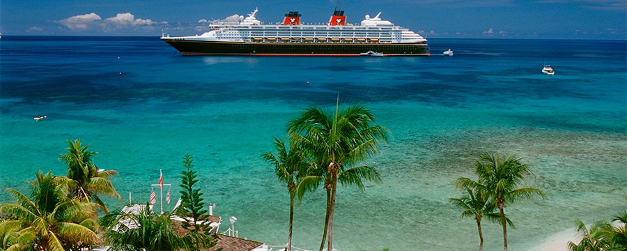 Un crucero de Disney Cruise Line descansa cerca de la costa enmarcado por palmeras Un crucero de Disney Cruise Line descansa cerca de la costa enmarcado por palmeras