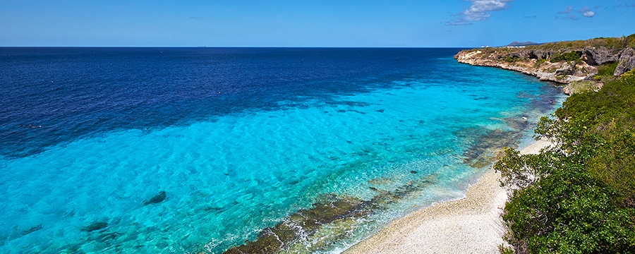 Una playa de aguas cristalinas poco profundas con una delgada playa de arena y un acantilado escarpado y lleno de vegetación Una playa de aguas cristalinas poco profundas con una delgada playa de arena y un acantilado escarpado y lleno de vegetación