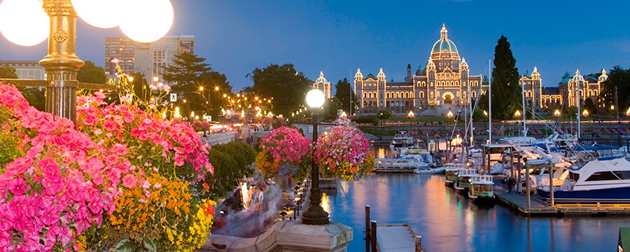 A marina filled with boats sits in front of a large building lined with lights with a domed roof