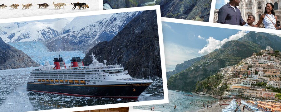 A compilation of images including a Disney Cruise Line ship and a beach in Italy