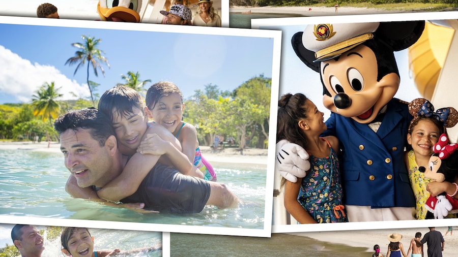 A montage of family photos featuring a dad and his 2 daughters in the waters of a beach and posing with Captain Mickey Mouse on a Disney ship
