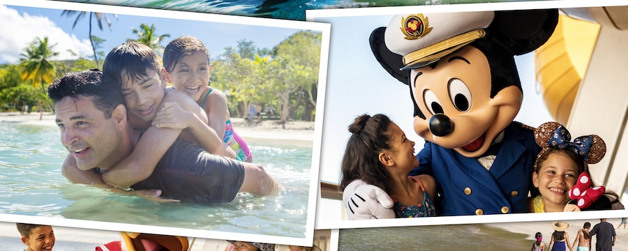 A montage of family photos featuring a dad and his 2 daughters in the waters of a beach and posing with Captain Mickey Mouse on a Disney ship A montage of family photos featuring a dad and his 2 daughters in the waters of a beach and posing with Captain Mickey Mouse on a Disney ship
