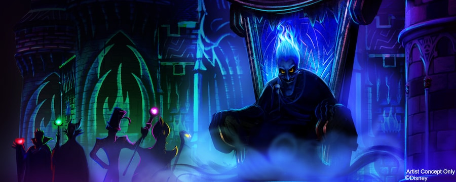 Hades sits on this throne with the Snow Queen, Maleficent, Dr. Facilier and Jafar in the background
