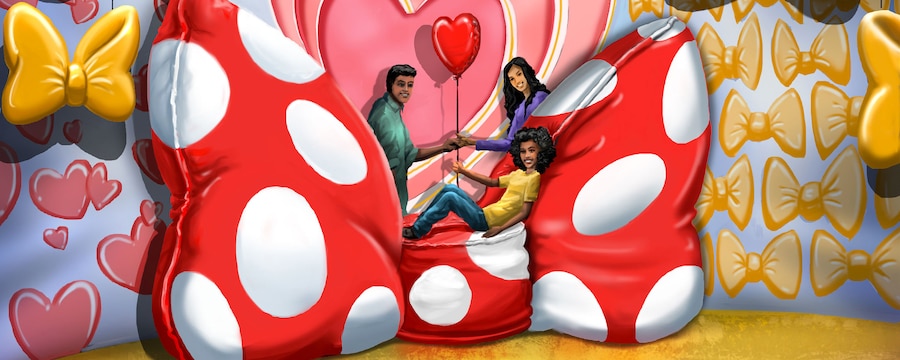 A family poses for pictures in a Minnie Mouse themed backdrop, featuring a giant version of her hair bow