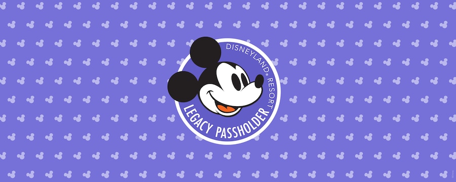 Legacy Passholder logo on purple color background with small mickey icons