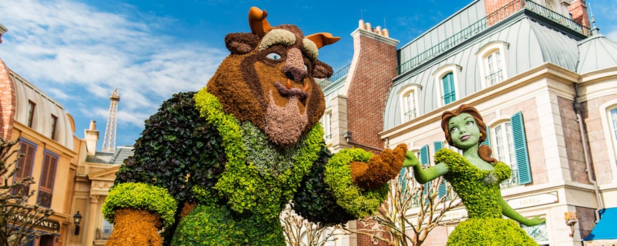 A topiary of Belle and Beast