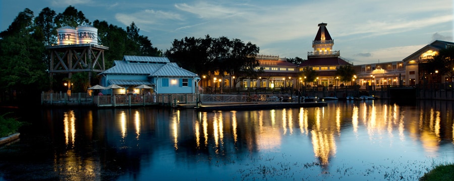 View from the Sassagoula River of Disney's Port Orleans Resort – Riverside in the evening