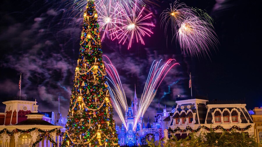 Fireworks bursting in the night sky above Cinderella Castle and a giant Christmas tree at Magic Kingdom park