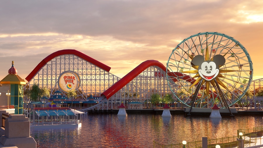 皮克斯码头（Pixar Pier）以及以米奇老鼠（Mickey Mouse）为特色的皮克斯摩天轮（Pixar Pal-A-Round）