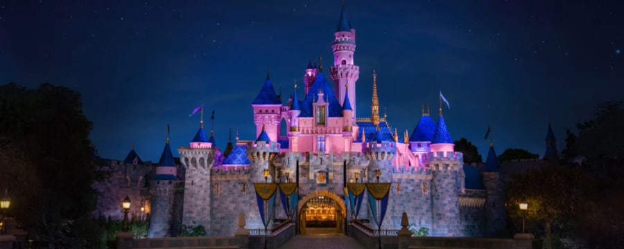 Sleeping Beauty Castle illuminated at night