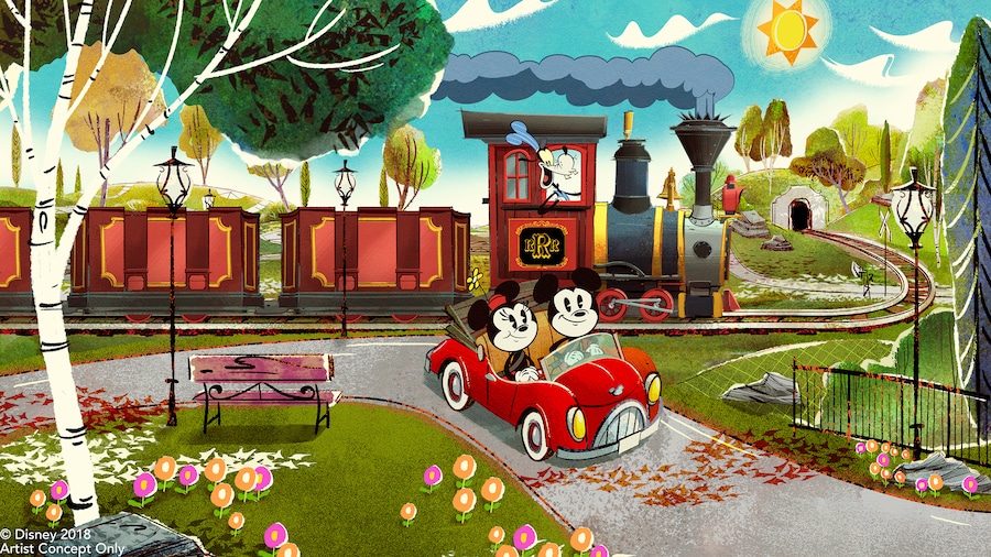 グーフィーが運転する列車の近くをオープンカーで走るミッキーマウスとミニーマウス