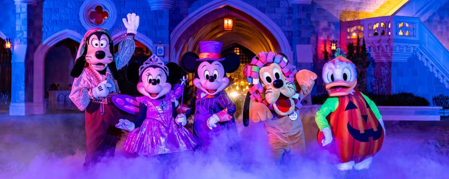 Goofy, Minnie Mouse, Mickey Mouse, Pluto and Donald Duck wear Halloween costumes near Cinderella Castle