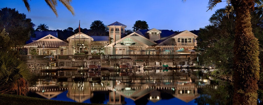 Disney's Old Key West Resort from across the water, lit up at night