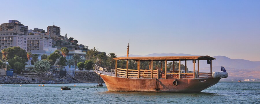 A boat awaits its next voyage on the Sea of Galilee. 