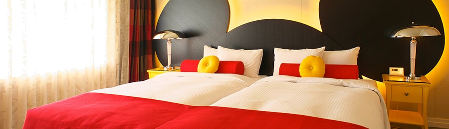 A Mickey Mouse-inspired bed at Disney Ambassador Hotel in Tokyo
