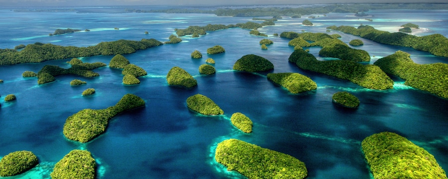 More than 400 mushroom-shaped limestone islets make up the Rock Islands, a UNESCO World Heritage Site in Palau. 