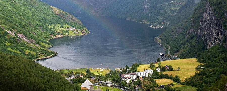 A fjord surrounded by shrub covered mountains