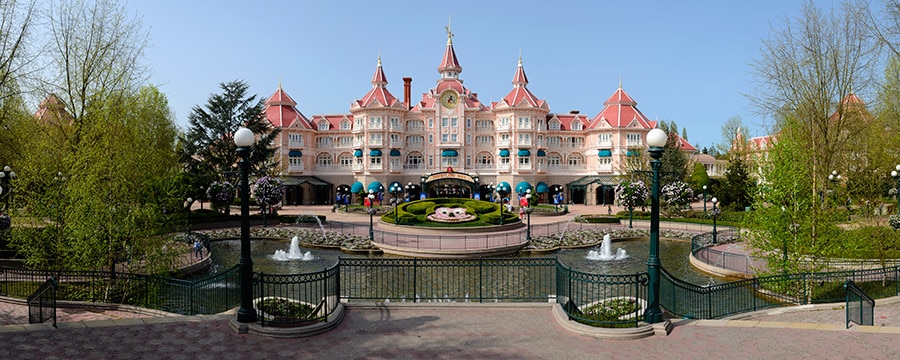 Disneyland Hotel in Paris and its surrounding gardens and fountain