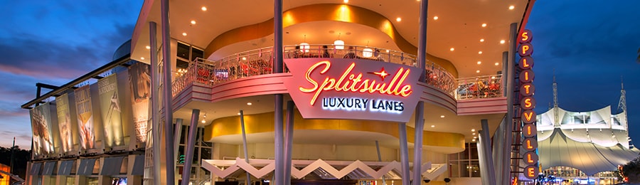 A 2-story modern building with a sign that reads Splitsville Luxury Lanes