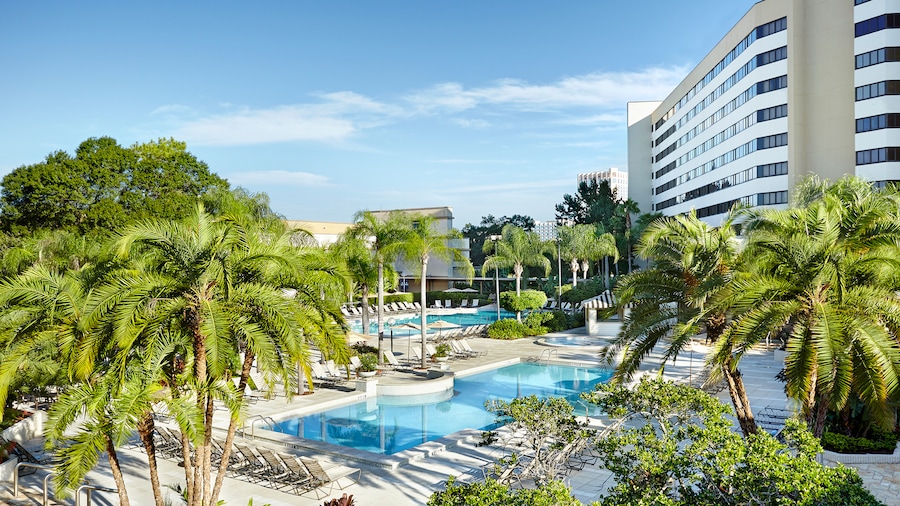 Plusieurs palmiers près de 2 piscines rectangulaires à l’extérieur du bâtiment d’un hôtel