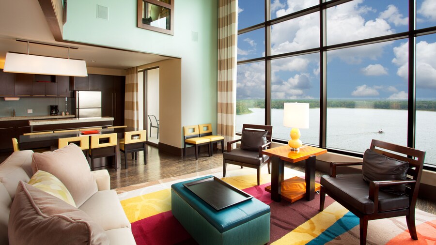 Living room of a Grand Villa with spectacular views of a lake