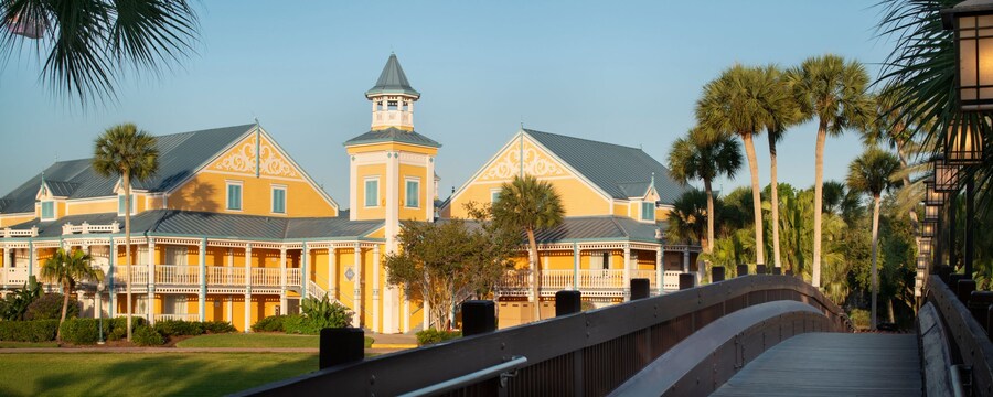 Disney’s Caribbean Beach Resort, featuring a tower with a spire and the Skyliner, a gondola lift that runs above the buildings
