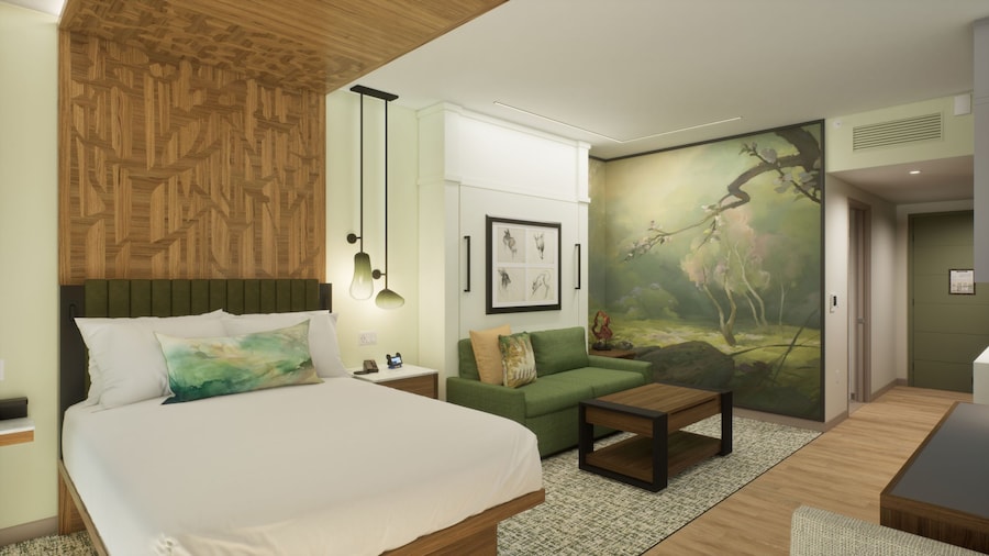 Imagen artística de una habitación tipo estudio con cama Queen Size y sala de estar en Disney's Lakeshore Lodge
