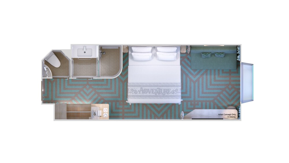 An artist rendering of a Deluxe Inside with Reef View stateroom floor plan with a bathroom, closet, sofa, bed and a window