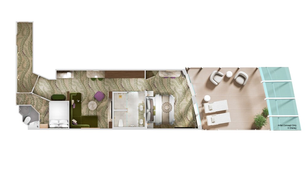 An artist rendering of a Concierge Suite with Oceanview Verandah floor plan with a living room, 2 bedrooms, 2 bathrooms and a balcony with 2 chairs and 2 lounge chairs