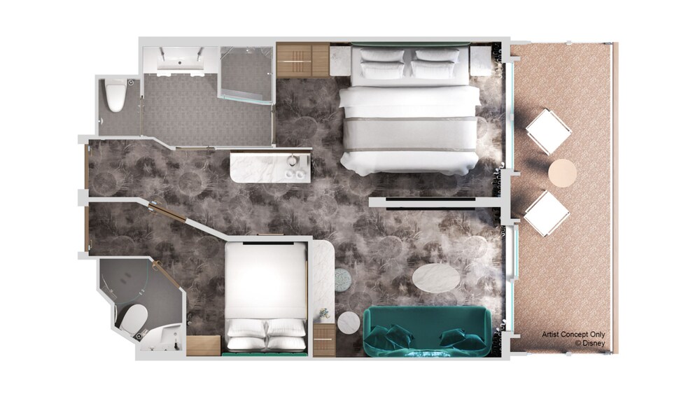 An artist rendering of a Concierge Family Garden View with Verandah Stateroom floor plan with a living area, 2 bathrooms, 2 bedrooms and a verandah with 2 chairs and a table