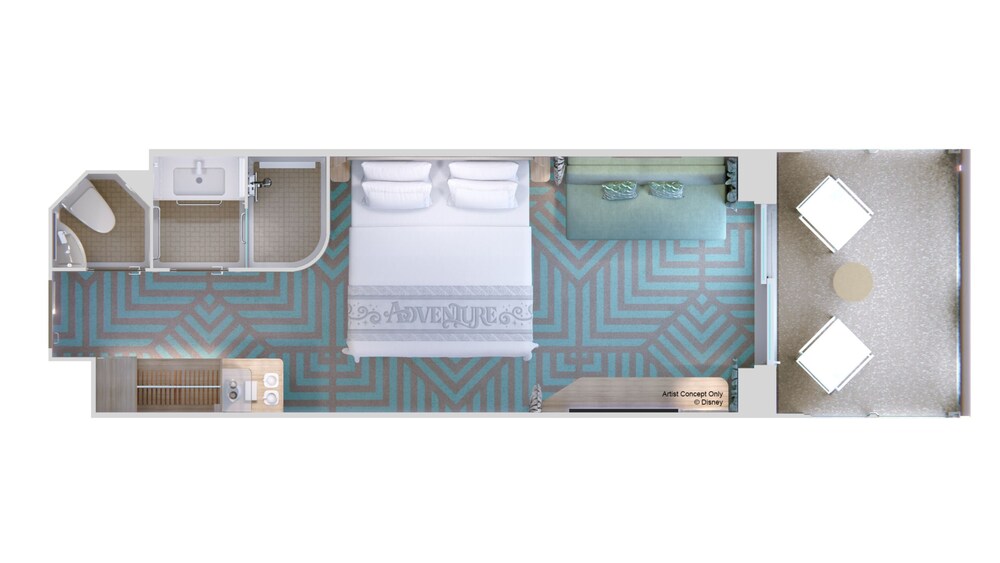 An artist rendering of a Deluxe Garden View Stateroom with Verandah floor plan with a bathroom, closet, sofa, bed and a verandah with 2 chairs and a table