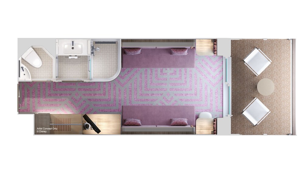 An artist rendering of a Stateroom with Verandah floor plan with a bathroom, closet, TV, sofa, fold down beds, tables and a verandah with 2 chairs and a table