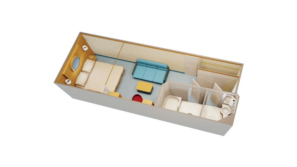 An artist rendering of a Disney Cruise Line Deluxe Inside Stateroom with a bed, a sleeper sofa, a low table, a closet, 2 bathrooms and a desk