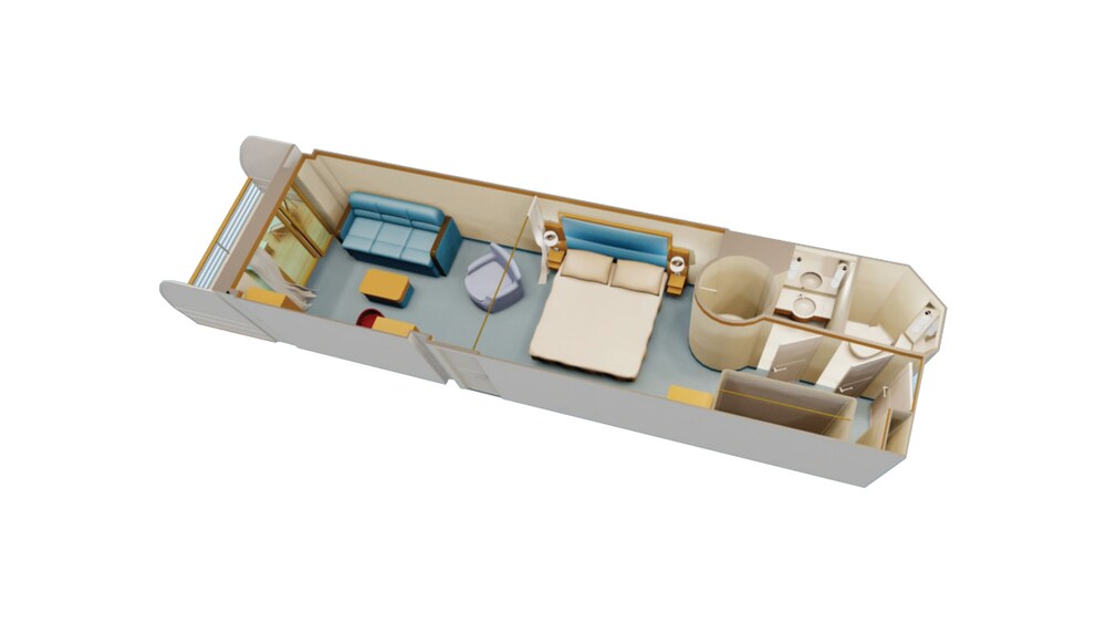 An artist rendering of a Disney Cruise Line Concierge Verandah Stateroom with a verandah with an ocean view, a sleeper sofa, a low table, a bed, a bathroom and a closety