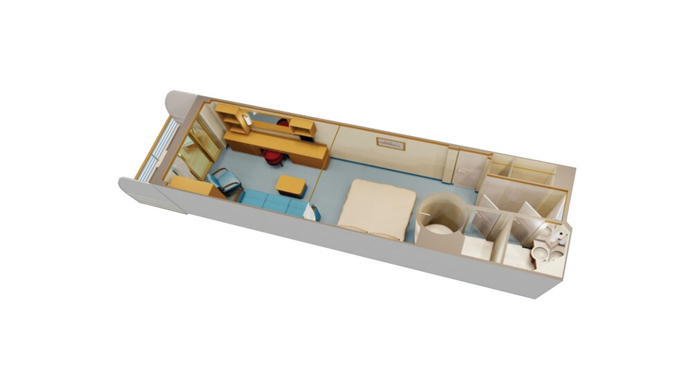 An artist rendering of a Disney Cruise Line Deluxe Family Oceanview with Verandah Stateroom with a desk, storage shelves, a closet, 2 bathrooms, a bed, a sofa, a low table and a verandah with an ocean view