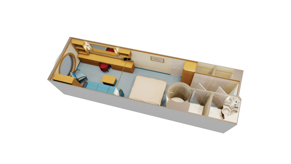 An artist rendering of a Disney Cruise Line Deluxe Family Oceanview Stateroom with a desk, storage shelves, a closet, 2 bathrooms, a bed, a sofa, a low table and a porthole with an ocean view