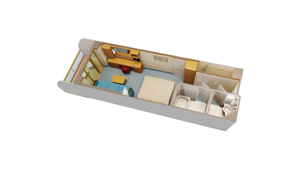 An artist rendering of a Disney Cruise Line Deluxe Oceanview with Verandah Stateroom with a desk, storage shelves, a closet, 2 bathrooms, a bed, a sofa, a low table and a verandah with an ocean view