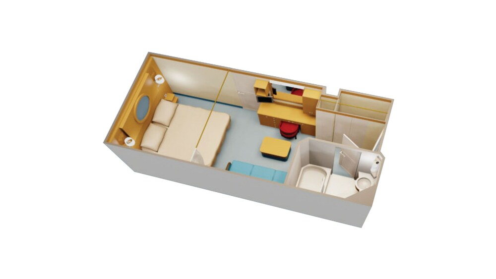 An artist rendering of a Disney Cruise Line Standard Inside Stateroom with a bed, a desk, a closet, a bathroom, a sleeper sofa and a low table 